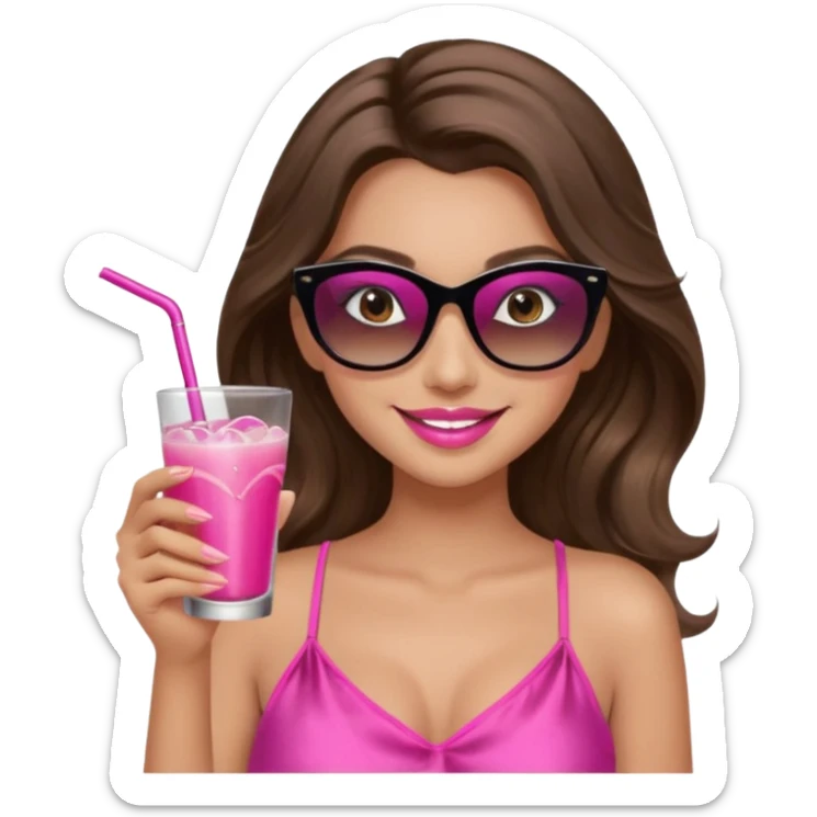 girl with long wavy brown hair, brown eyes, long lashes makeup, sexy pink lips, smiling, light to medium complexion, wearing a pink sexy silk top, relaxing in a beach chair, wearing black sunglasses, holding a drink, palm trees beach background  sticker