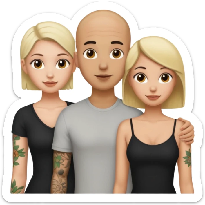 throuple tatted bald boyfriend with blonde girl friend and brunette girlfriend sticker