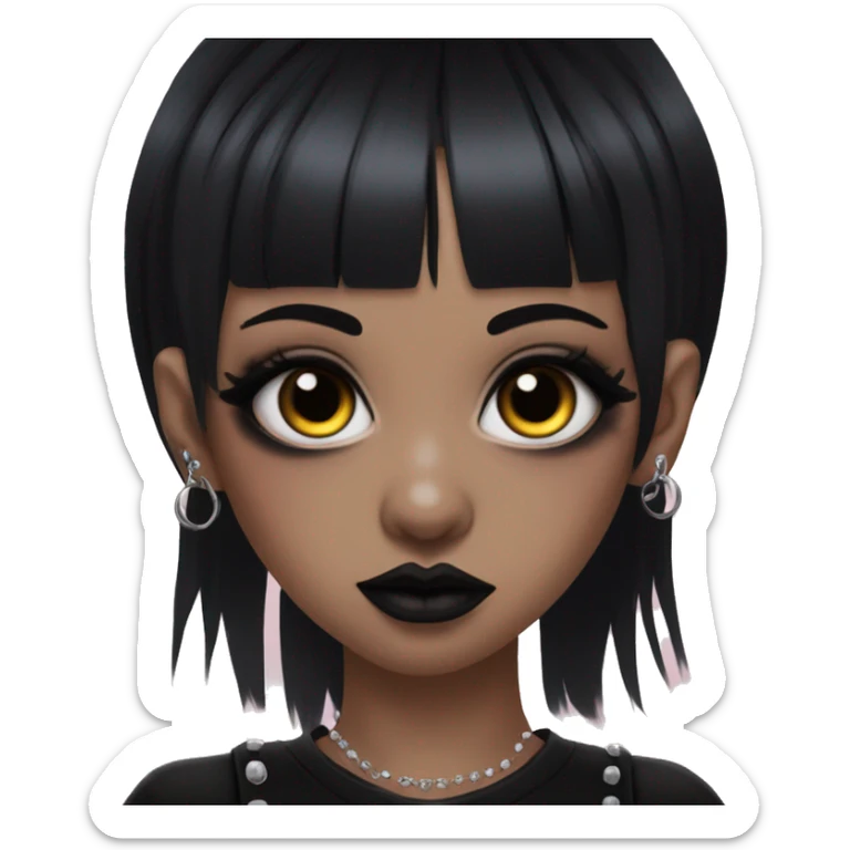 goth woman with black hair and baby bangs with septum piercing and both sides of nose pierced with hazel eyes and no eyebrows with dramatic goth makeup sticker