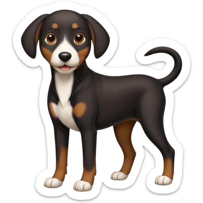 shorthaired black hound dog with white on chest, nose, and paws, full body, happy expression sticker