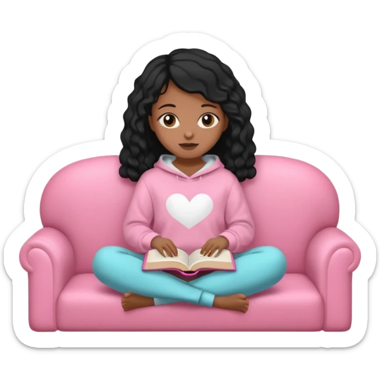 Una chica linda de cabello negro con ondas hasta los hombros de piel blanca con una sudadera rosa en un sofá cómodo y hermoso leyendo la biblia sticker