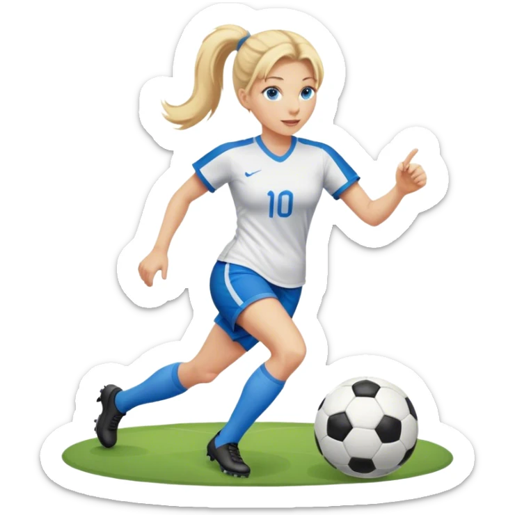 40 year old woman blue eyes and blonde ponytail playing soccer  sticker