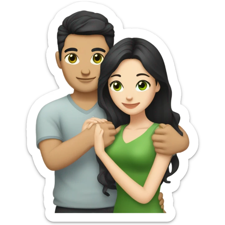 White Vietnamese man with straight black undercut hair and a white brunette woman with green eyes and long wavy hair tightly hugging each other  sticker