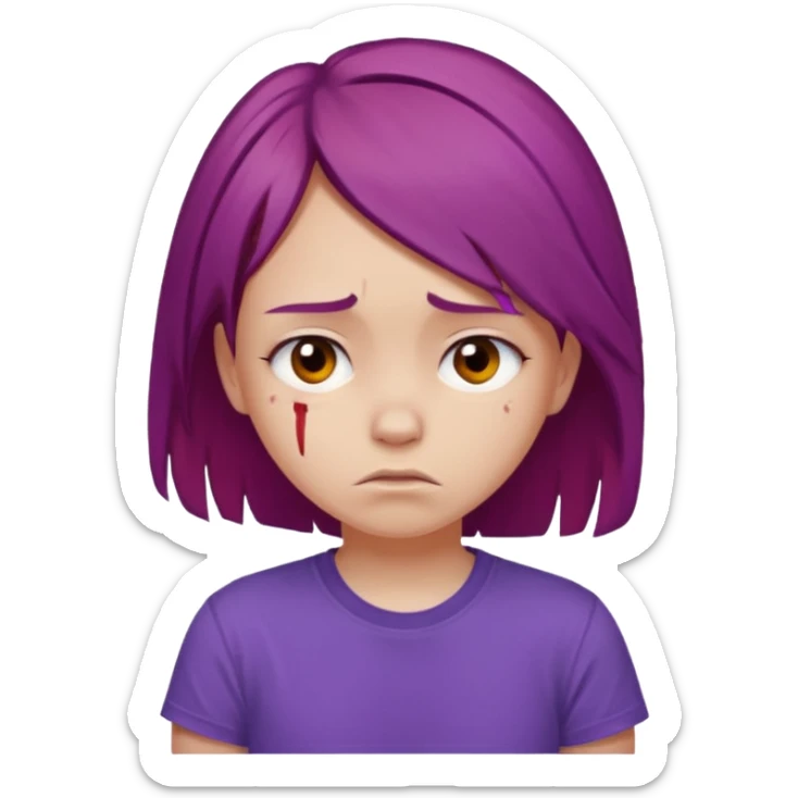 Young girl with red, damaged, and unattractive hair, wearing a purple T-shirt, with a sad and subdued expression. sticker