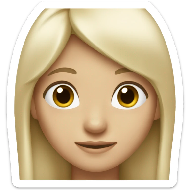 A girl with straight long hair , Platinum Blonde hair styled in a bang. Fair skin. Dark brown eyes. Smiling naturally. sticker