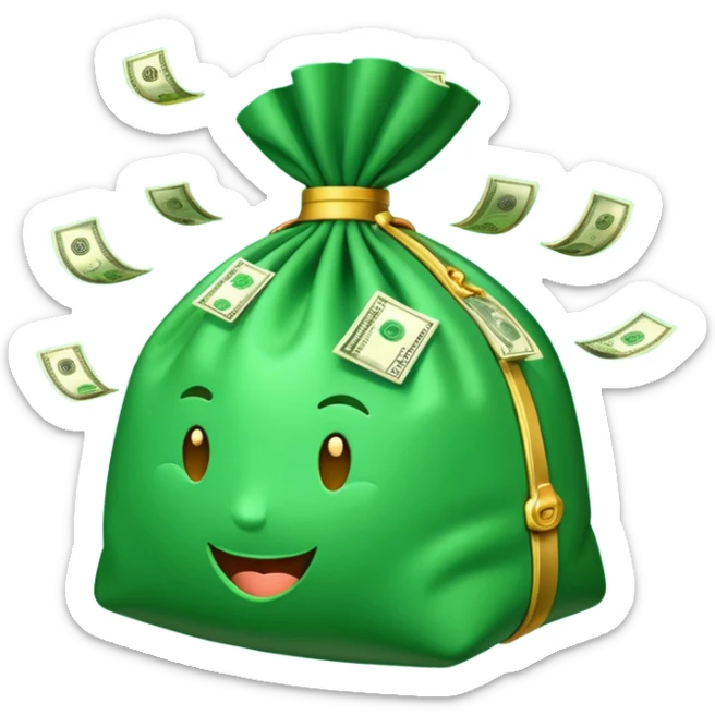 

3D emoji style, big bag of money, flying dollar bills, rich casino vibe, smooth lighting, high detail, clean edges, transparent background



 sticker