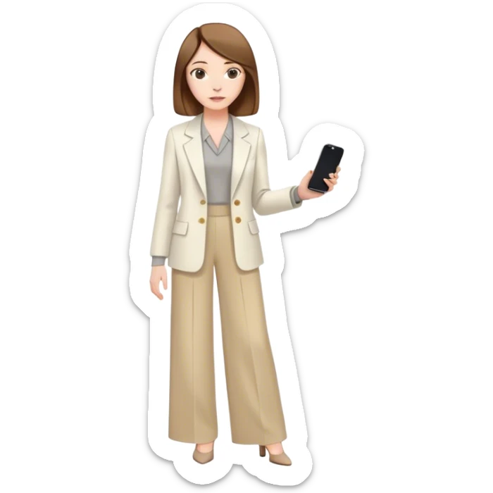 pale skin woman with brown Straightened bob Hair, White Spacious classical jacket, beige palazzo Arrow pants and gray blouse holding white IPhone 15 pro in the hands sticker