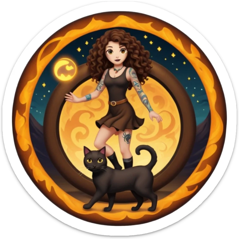 woman with long curly brown hair, brown eyes, white skin, tattoos, black cat stepping out of a glowing portal circle sticker