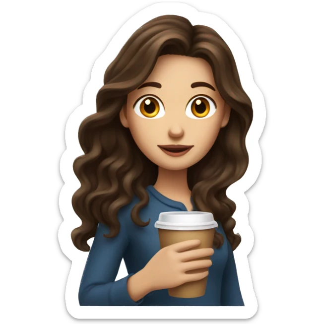 Long wavy brunette hair girl holding a cup of coffee sticker
