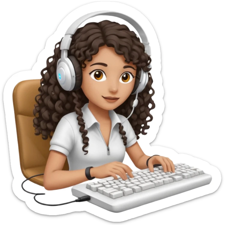 Spanish girl with long dark curly hair, wearing a white gaming headset and playing on keyboard with a gaming mouse in one hand sticker