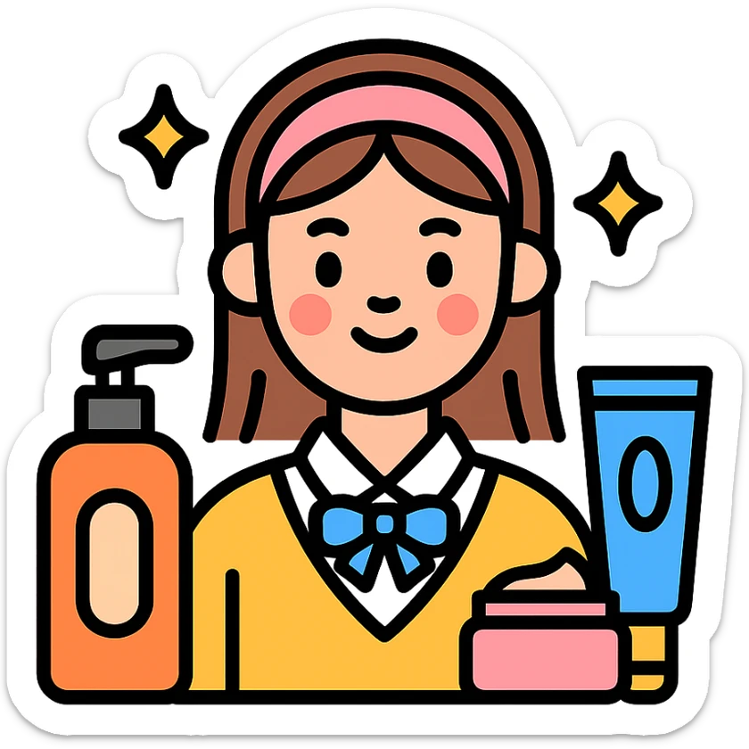 preppy girl with glowing skin, surrounded by skincare products sticker
