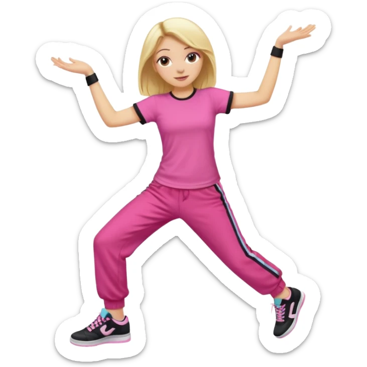 Hiphop dancer, with cute big pants, sneakers, and t-shirt. White girl blond. Coloufull shirt. No pocket pants. Dancing. No orange. Pink and black sticker