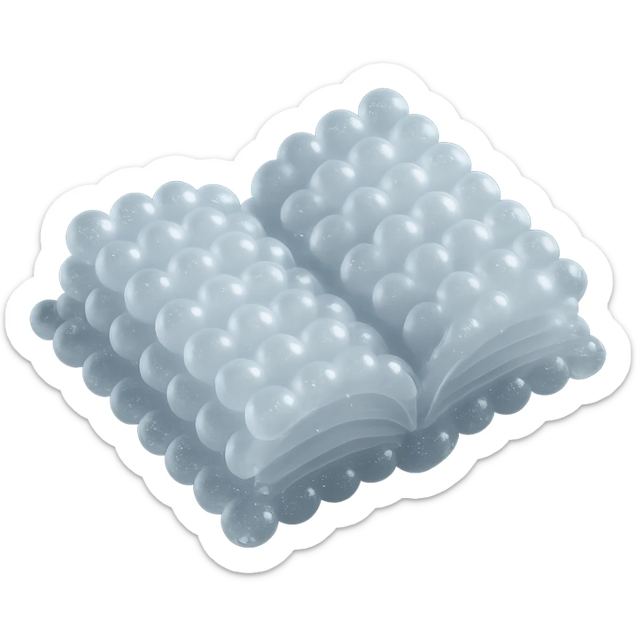 top view of a thick open book made entirely of small, very bright white fluffy convex clouds, matte glass style sticker