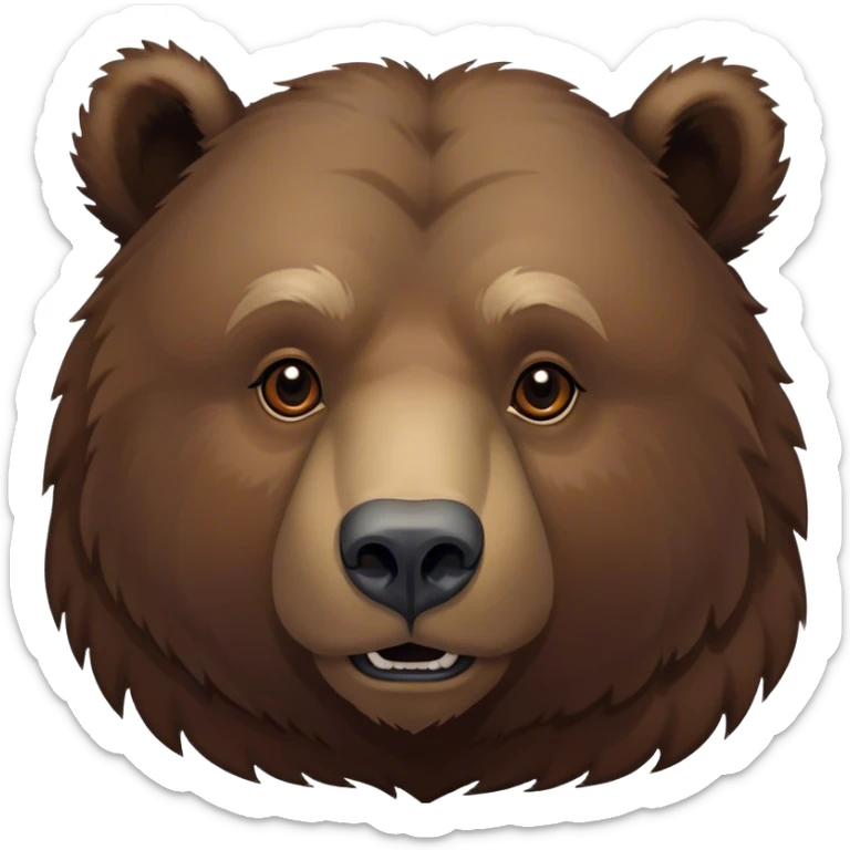 Cinematic Noble Grizzly Bear Portrait Emoji, Poised and regal, with a massive, powerful build and a thick, rugged deep brown fur, piercing deep-set soulful eyes, Simplified yet sharp and sophisticated features, highly detailed, glowing with a soft, dignified glow, high shine, intelligent and formidable, stylized with an air of untamed wilderness, focused and attentive, soft glowing outline, capturing the essence of a watchful and commanding guardian, so majestic it feels as though it could lumber out of the screen with effortless authority! sticker