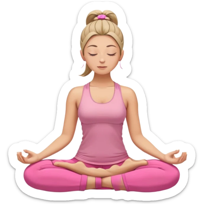 white woman with neat ponytail hairstyle, sitting in lotus position, meditating with closed eyes and serene expression, wearing pink yoga outfit sticker