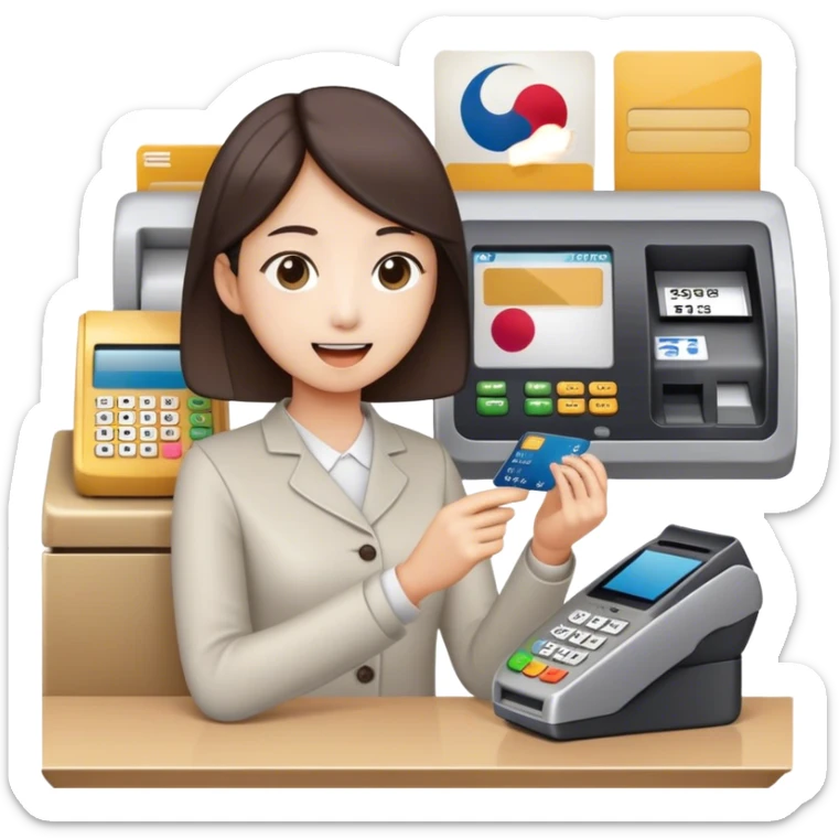 “An emoji-style illustration of a Korean person making a payment with a credit card. The person is holding a credit card and inserting or tapping it on a payment terminal. The scene suggests a typical transaction at a store or café counter, with a cashier or payment machine present. The person appears focused or content while completing the purchase. The style is minimalistic and expressive, resembling an emoji.” sticker