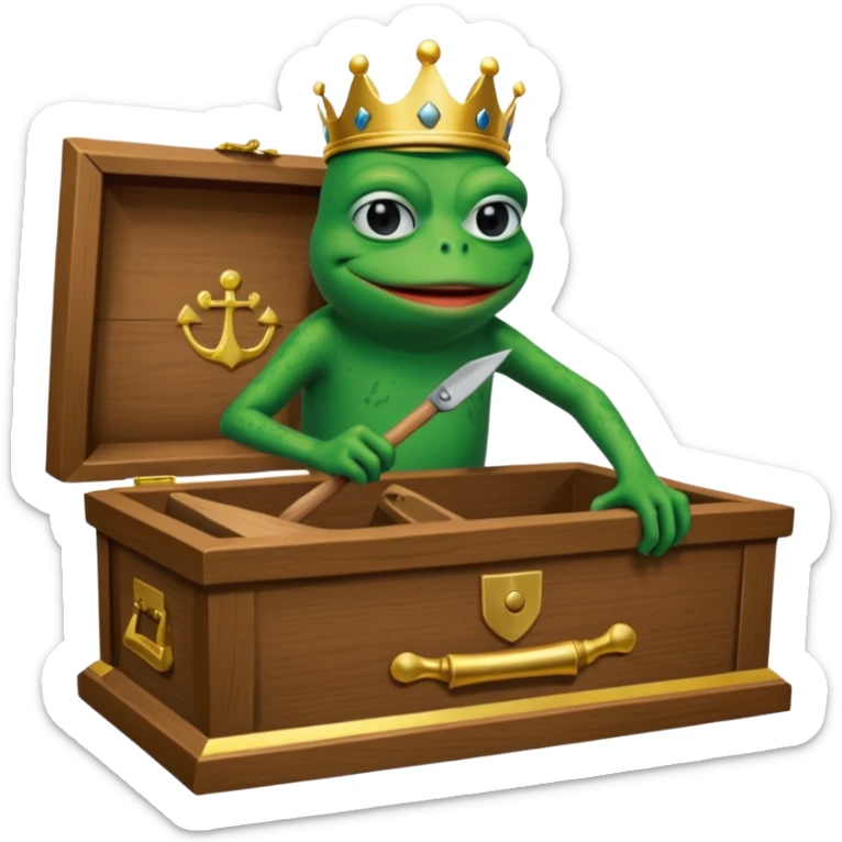 Emoji of an empty wooden coffin with its lid on top, the word ‘ECHO’ carved into the side panel. The coffin is shown from the outside. A king-like Pepe the Frog, standing outside the coffin, is hammering nails into the lid to seal it shut. No character is inside the coffin. Not a treasure chest. sticker