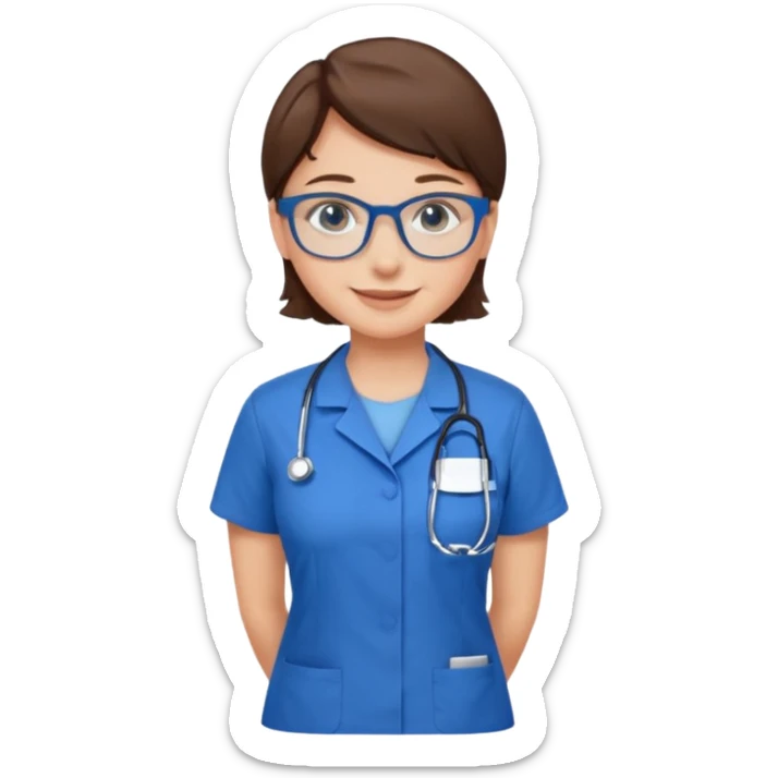 Blue eyes short brown hair with glasses woman in care assistant blue uniform sticker
