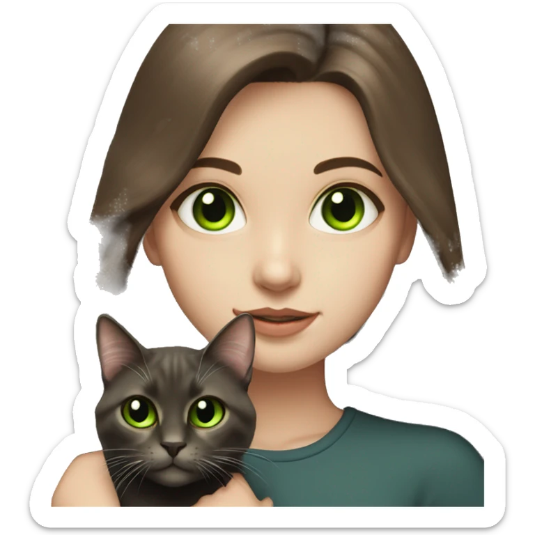 pale brunette girl with long brown hair with bright green eyes holding black cat sticker