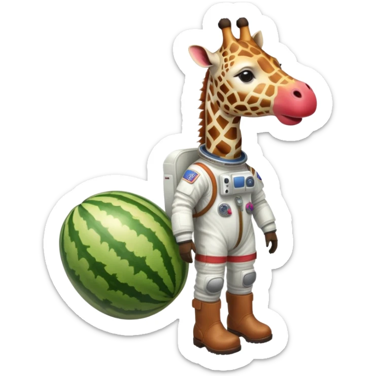 watermelon body with only the head of a giraffe poking out, wearing brown boots and an astronaut helmet sticker
