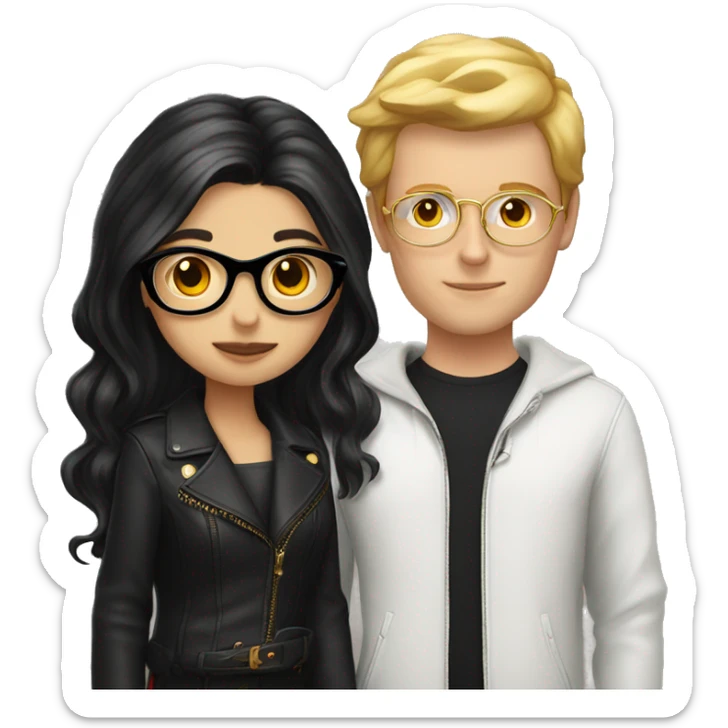 white girl with black and red-tainted long hair and circular golden glasses kissing white boy with mi-long slick black hair wearing costume jacket sticker