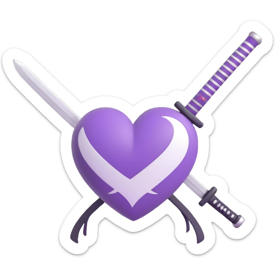 purple and white heart with a katana sword piercing through the center, 3D emoji style sticker