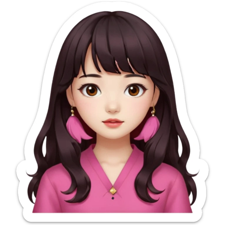 Korean girl, red top, black brown hair, brown eyes, long wavy hair, aesthetic, long hair, hime cut, blunt bangs, pink girl sticker