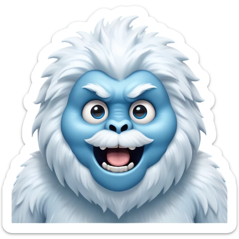 Cinematic Comical Yeti Portrait Emoji, with a cartoonishly exaggerated, fluffy figure in cool, frosty whites and icy blues, head tilted in an overly surprised expression with wide, comically sparkling eyes and a quirky, open-mouthed grin, simplified yet hilariously detailed, glowing with a soft frosty outline capturing the meme-worthy fun of a yeti in playful shock! sticker