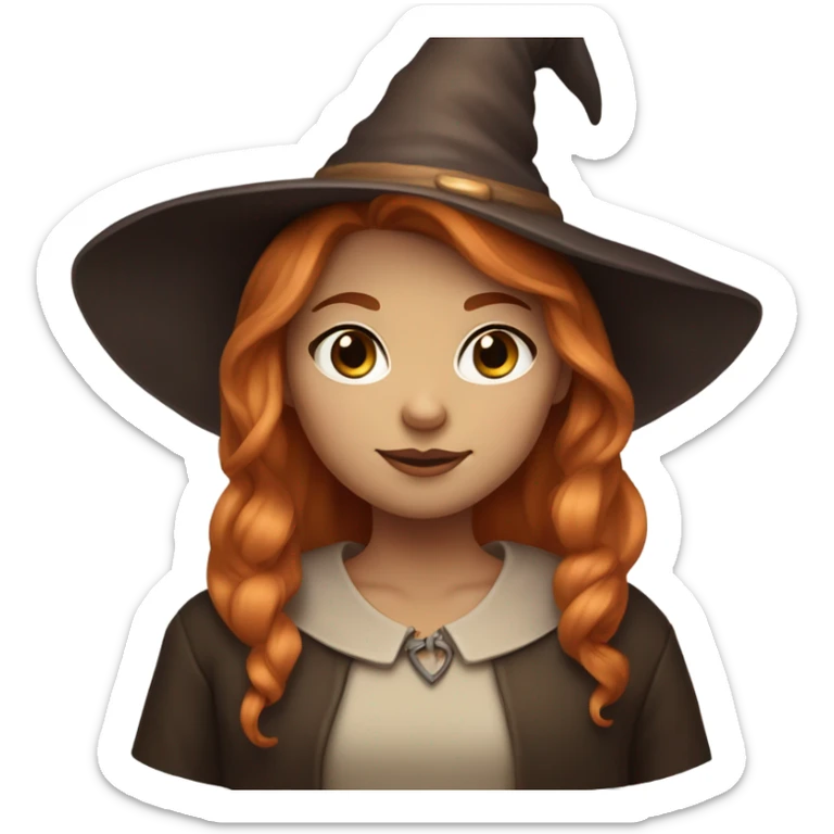 Girl with copper-colored hair, a witch's hat, brown eyes, a small nose and normal-shaped lips, her skin color is light but not white sticker