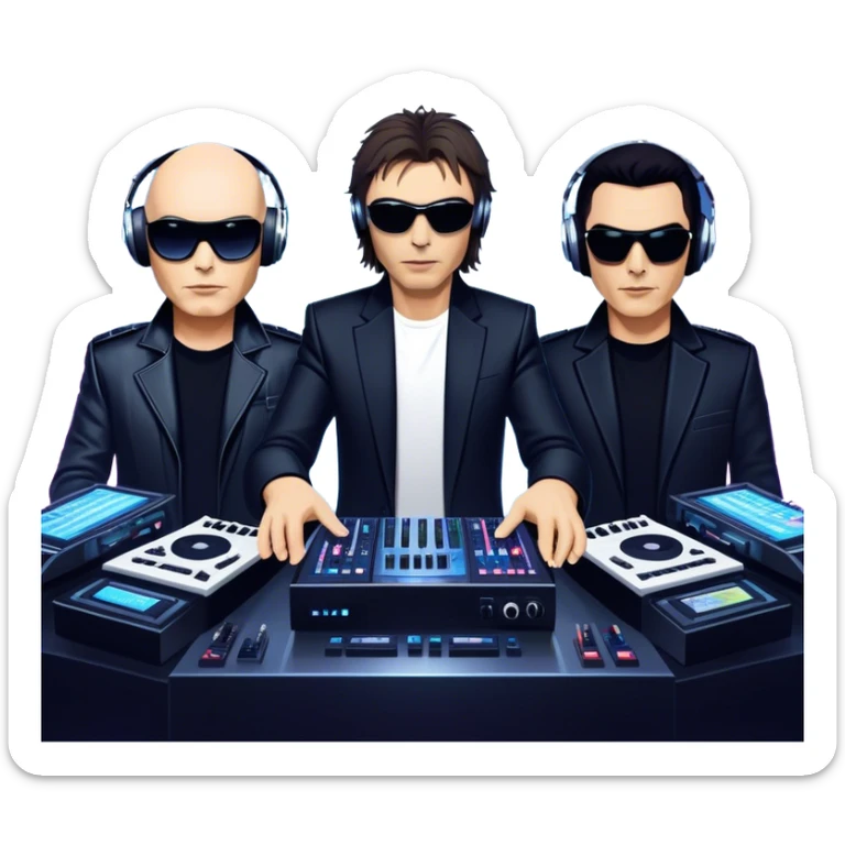 Icon for Electronic Music: Jean-Michel Jarre, Moby, DJ Tiesto, and Jorn van Deynhoven performing with synthesizers, turntables, and futuristic lighting effects. The design should evoke the vibrant and immersive atmosphere of electronic music festivals. Transparent background. sticker