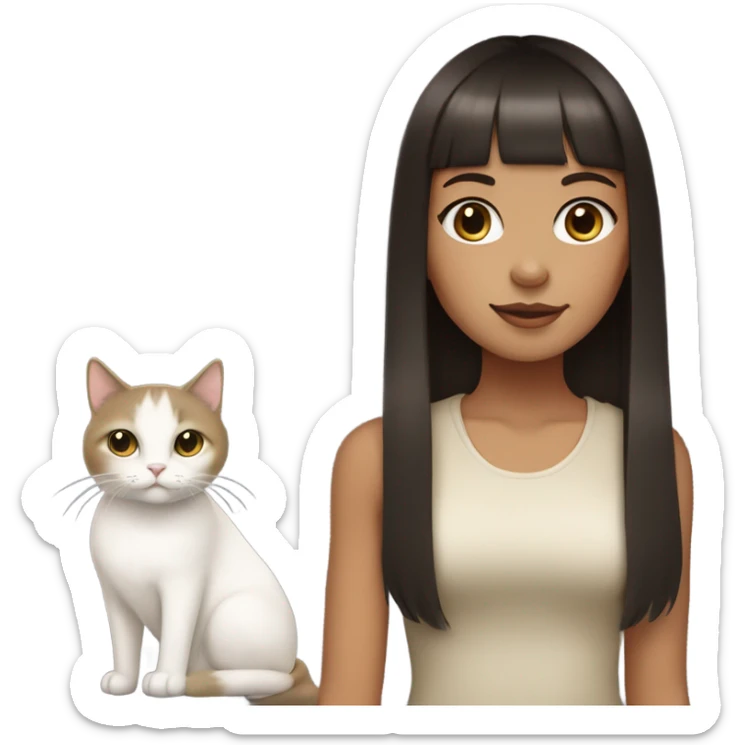 Dark brown haired girl with olive skin with straight across bangs and long hair holding a white cat  sticker