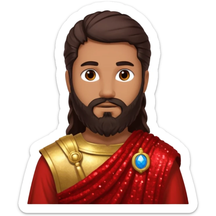Mars from Roman Deities with long dark brown hair and beard, red sequin toga, light tan skin sticker