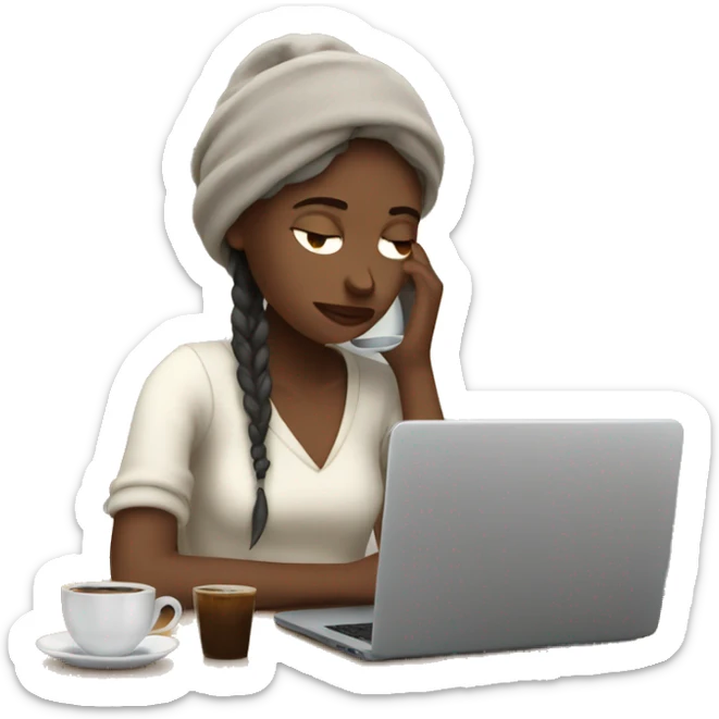 tired french girl with laptop drinking a lot of coffee sticker