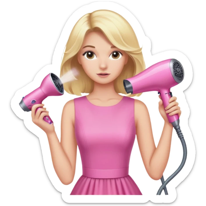 blonde woman in pink dress using a pink Dyson hairdryer to blow her hair sticker