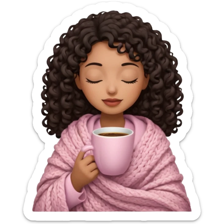 hispanic woman, brown skin, black long 3b curls, closed eyes, feminine face, holding soft pink coffee cup with beige blanket over shoulders sticker