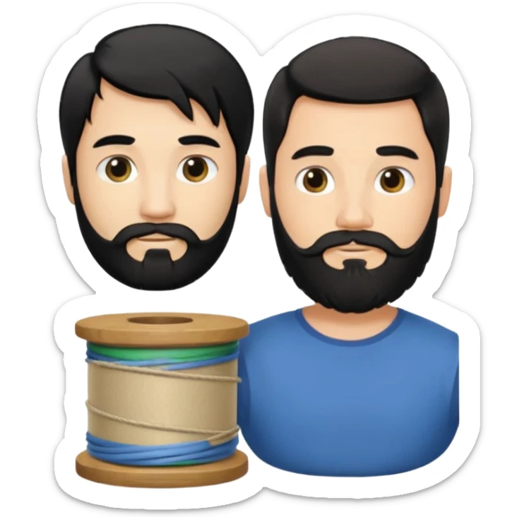 Man with long black hair tied in a spool and beard with a young short-haired blond without a beard sticker