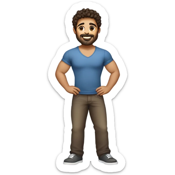 men holding his computer in hands. light brown skin men with curly dark hair, dark brown eyes, little grown beard. ust a tiny bit muscular. dressed casual. round face. sticker