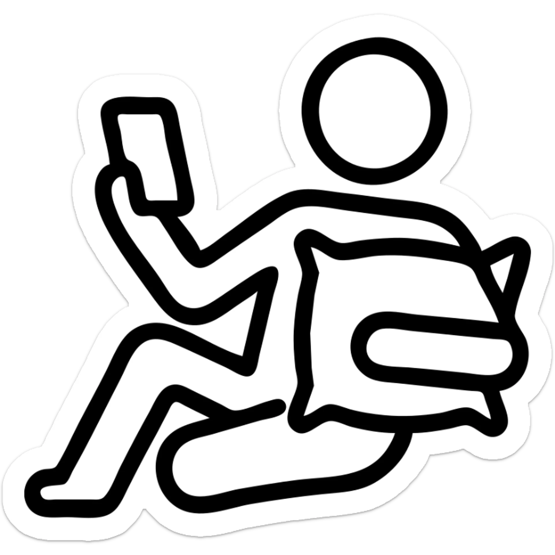 minimalist icon of a lazy SMM specialist holding a phone and a pillow, casual pose sticker