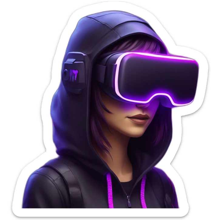 Cathie Wood wearing a black hoodie with "OMG" letters on it and VR headset in a cyberpunk VR environment with violet neon lighting. sticker