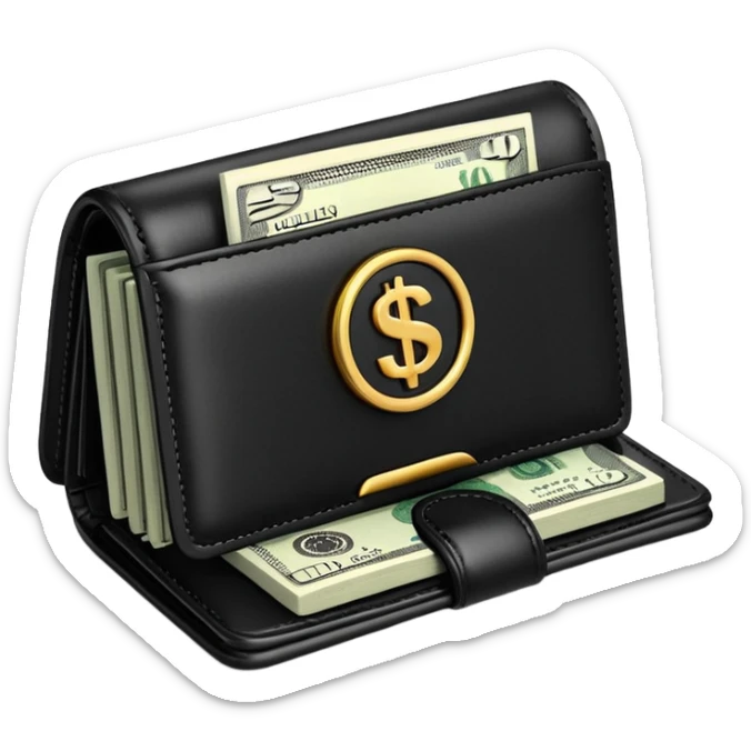 Rich emoji style black leather wallet with dollar bills, luxury money vibe, premium 3D emoji, ultra clean, high detail, no background
 sticker