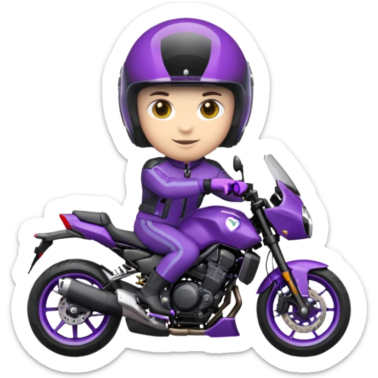 Créer un emoji avec une moto mt07 sport noir mate / violet iridescent très foncé, pare-brise de la moto violet. Avec une pilote dessus, visage complet caché  par la visière violette . Avec en arrière plan cercle violet. sticker