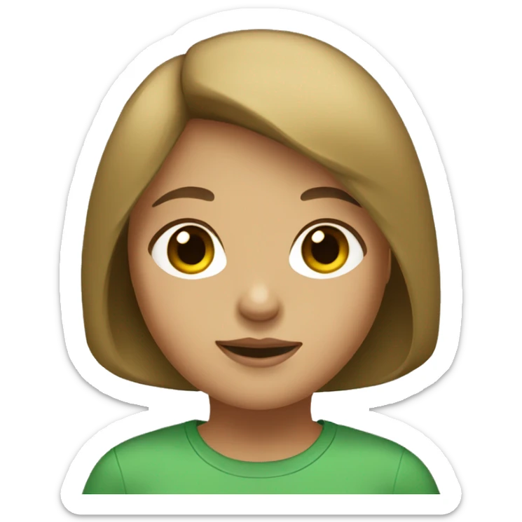 a girl with short bob with white powder under the nose with brown eyes and a green shirt sticker