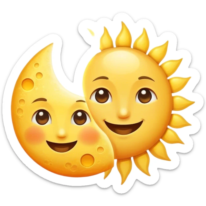 a really bright  big sun and a small moon who shines because of it. the sun is bigger and the tiny \moon bright too beside it smiling looking at each other sticker