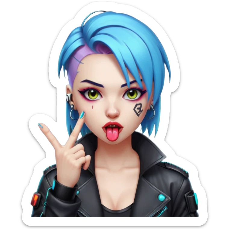 Woman with her tongue out in cyberpunk clothing and giving the middle finger. Looking naughty. sticker