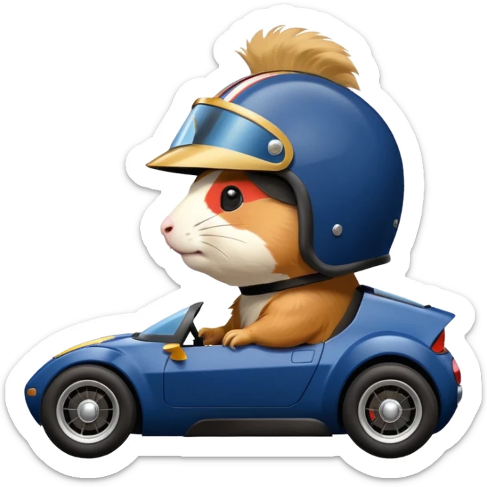 Side view of Midnight blue Local Motors Rally Fighter driven by a Guinea pig  sticker