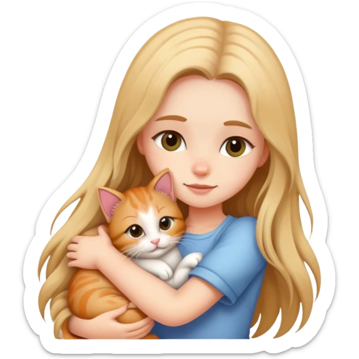 A girl with long hair tightly hugged a kitten sticker