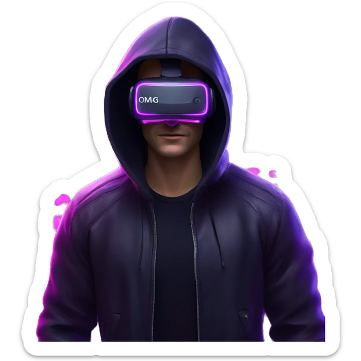 Russian man wearing a black hoodie with "OMG" letters on it and VR headset in a cyberpunk VR environment with violet neon lighting. sticker