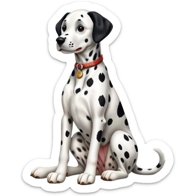 cinematic-[dalmatian dog]-realistic-full-body-sitting-emoji,-tail-resting-loosely-beside-its-paws,-head-tilted-dramatically,-sleek-[spotted]-fur,-simplified-yet-realistic-focused-features,-highly-detailed,-glowing-with-an-almost-sarcastic-glow sticker