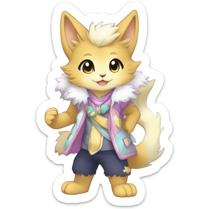 Anthro Cute Fluffy Gorgeous Magical Petite Shiny Colorful Pastel Glitter Sparkle Stars Anime Chibi Fantasy-Animal-Fakémon-Pokémon-Hybrid Fur Sona Aesthetic Trending Style Full Body sticker