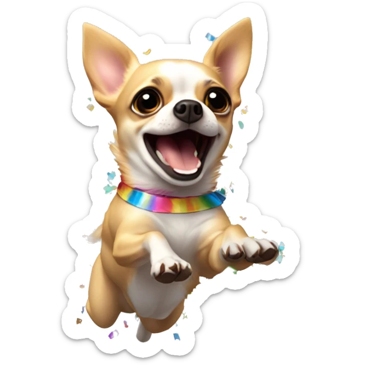 An animated chihuahua running jumping. When reaching the apex of the jump, the chihuahua should explode into rainbow colored confetti. The Chihuahua should not be visible after exploding into confetti sticker